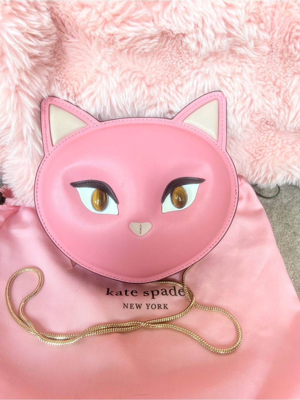 kate spade Pink Cat Face Crossbody Bag gold chain